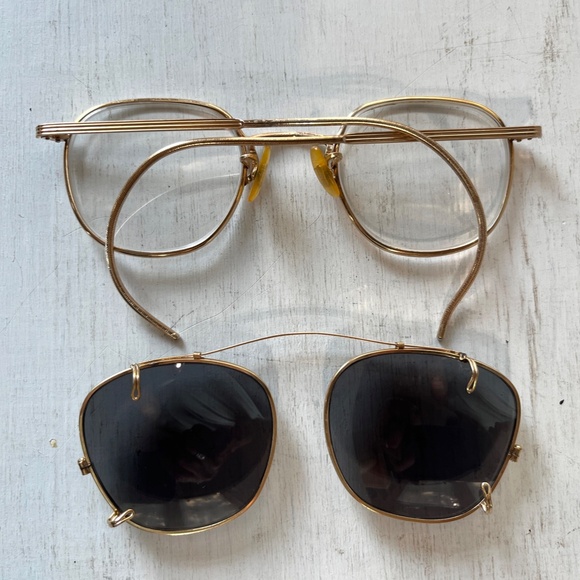 Vintage AO Eyeglasses Square Coil Temple 12k GF Metal Frame Gray Sunglasses Clip - Picture 9 of 16